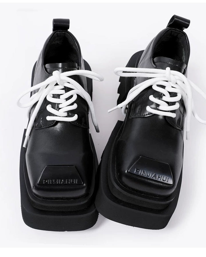 Front view of Black Leather Square-Toe Chunky Platform Shoes