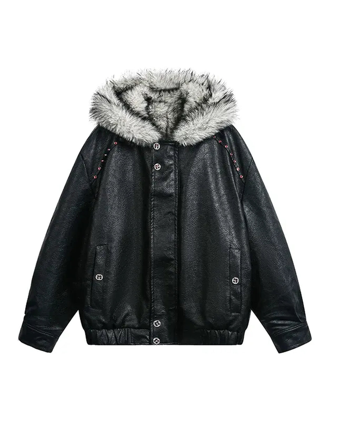 Additional product image of Cropped Shearling Collar Washed Faux Leather Bomber Jacket