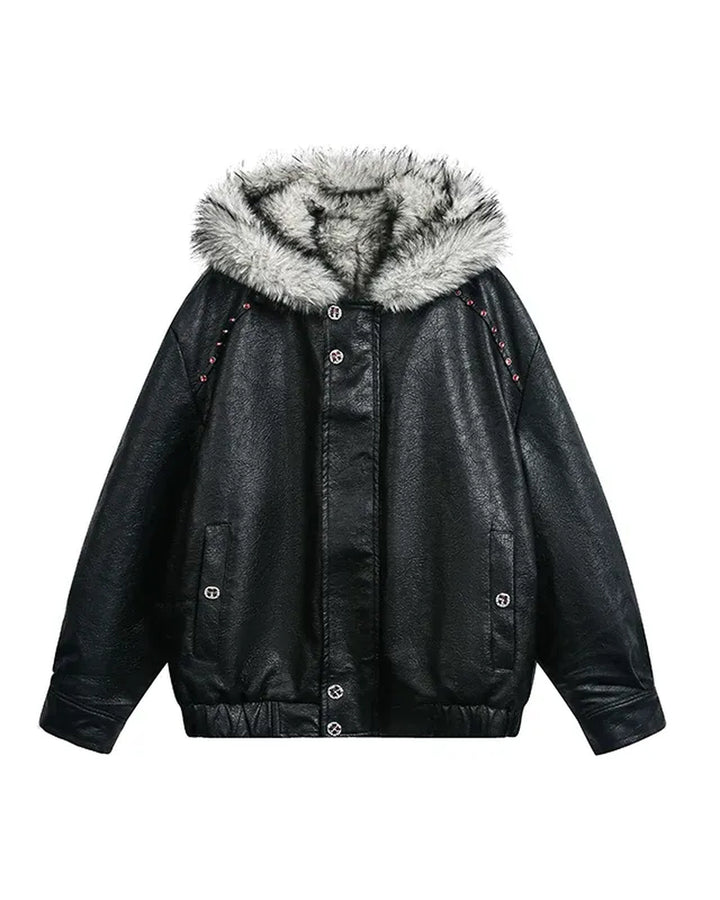 Additional product image of Cropped Shearling Collar Washed Faux Leather Bomber Jacket