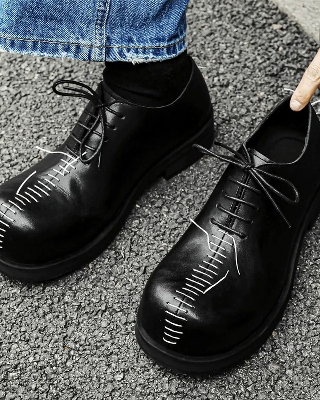 Back view of Black Leather Gothic Chunky Heel Shoes