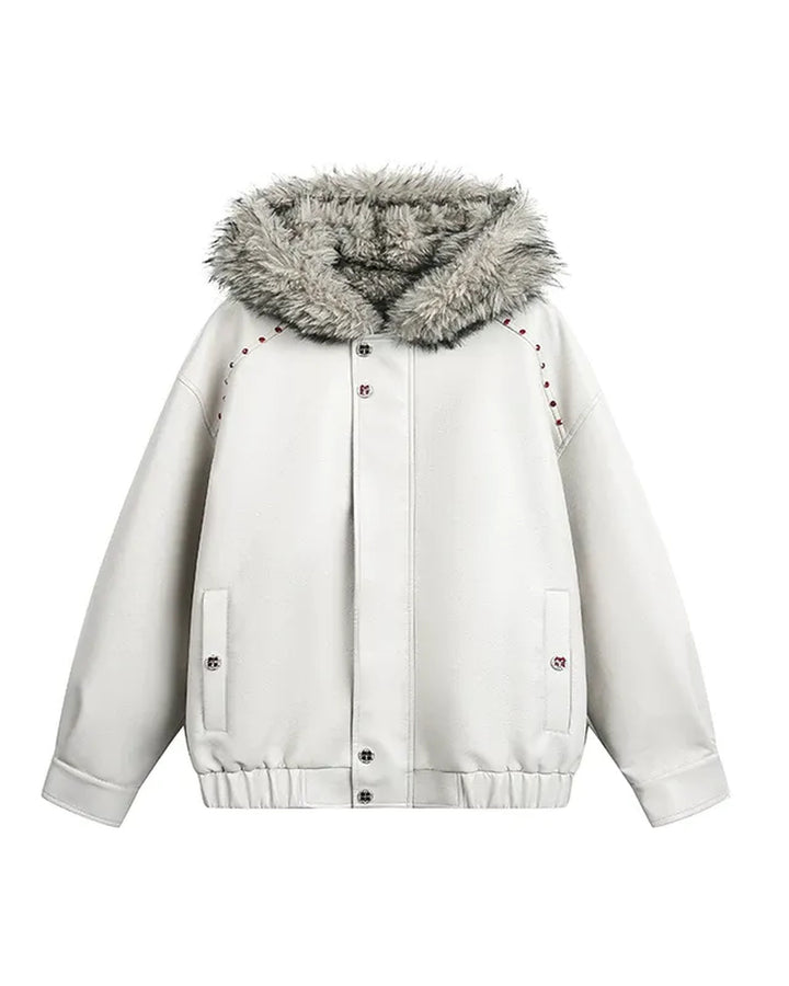 Additional product image of Cropped Shearling Collar Washed Faux Leather Bomber Jacket