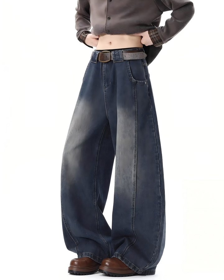 STEP BLOCK MT035 vintage washed black and dark blue baggy jeans