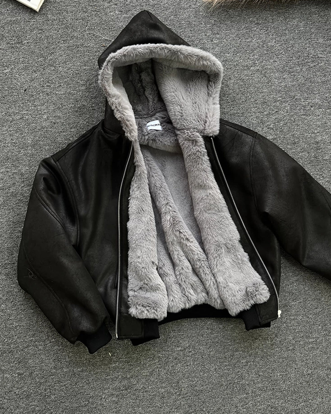 Back view of Reversible Shearling Lined Faux Leather Hooded Bomber Jacket