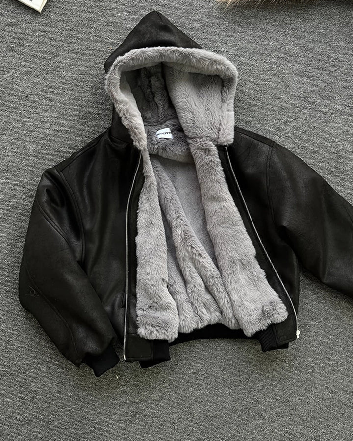 Back view of Reversible Shearling Lined Faux Leather Hooded Bomber Jacket