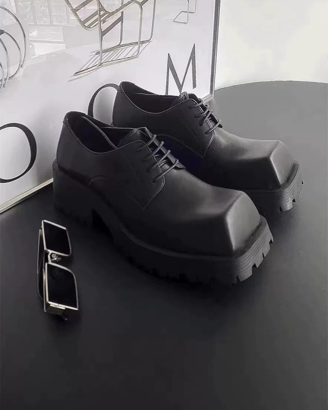 Front view of Black Leather Chunky Platform Gothic Shoes