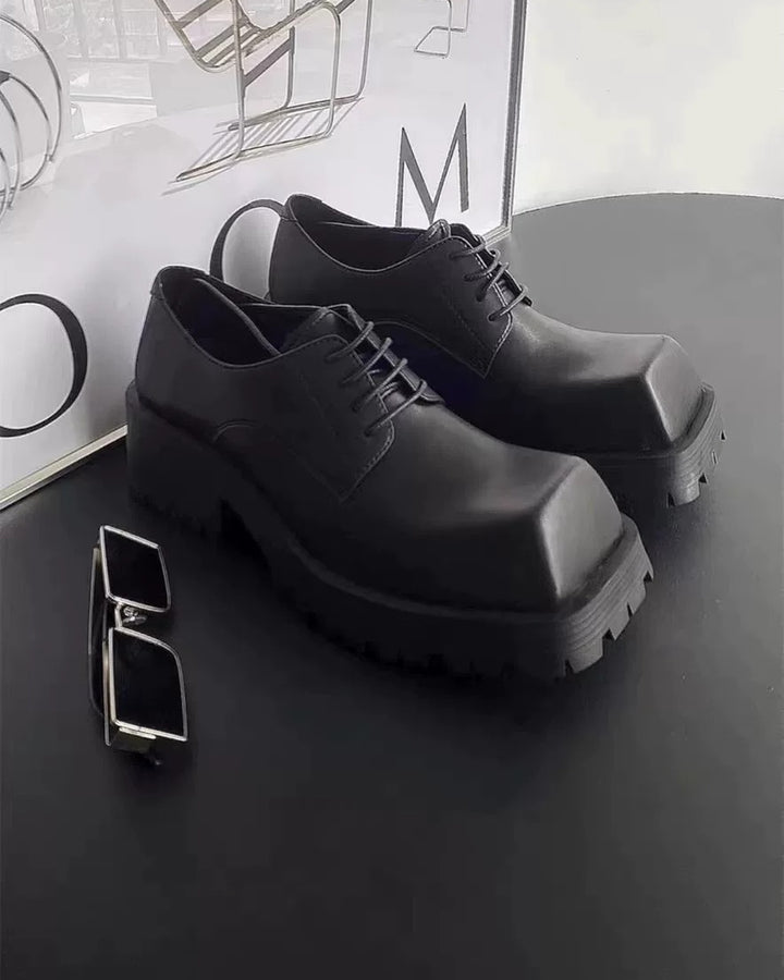 Front view of Black Leather Chunky Platform Gothic Shoes