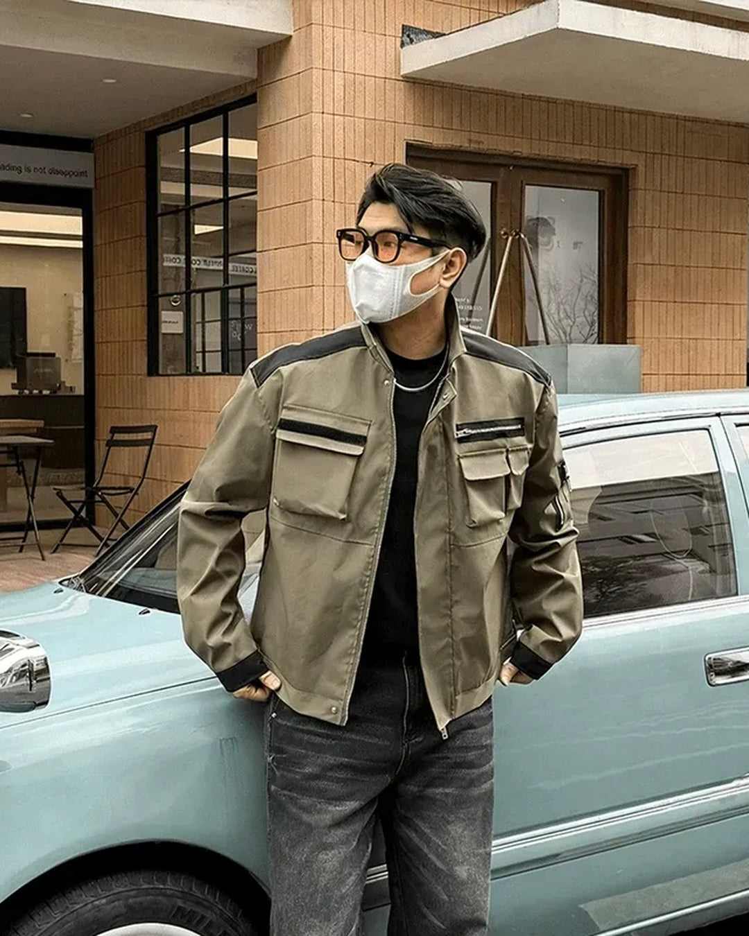 Lifestyle styling view of Multi-pocket Utility Zip-Up Jacket
