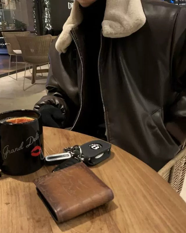 Additional product image of Shearling Collar Leather Bomber Jacket