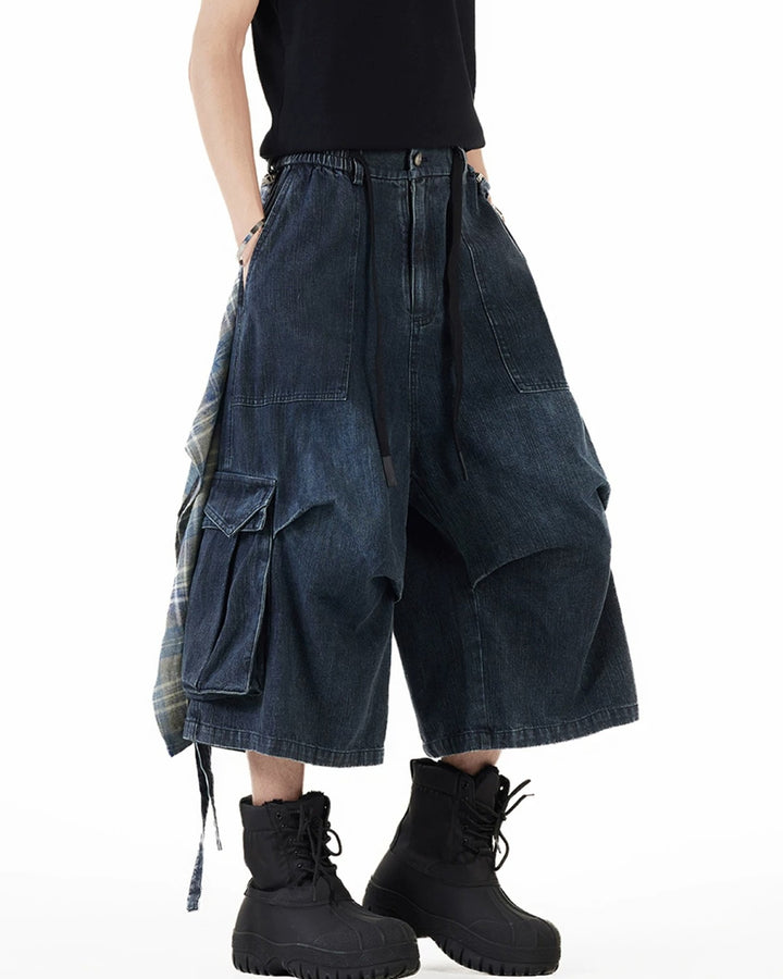Front view of Denim Plaid Patchwork Cargo Shorts