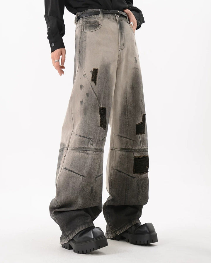 Back view of Black Patch Distressed Baggy Jeans