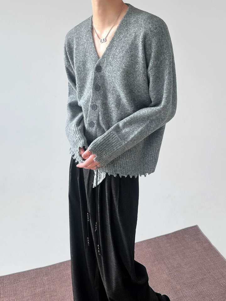 Lifestyle styling view of Distressed V-Neck Knit Cardigan