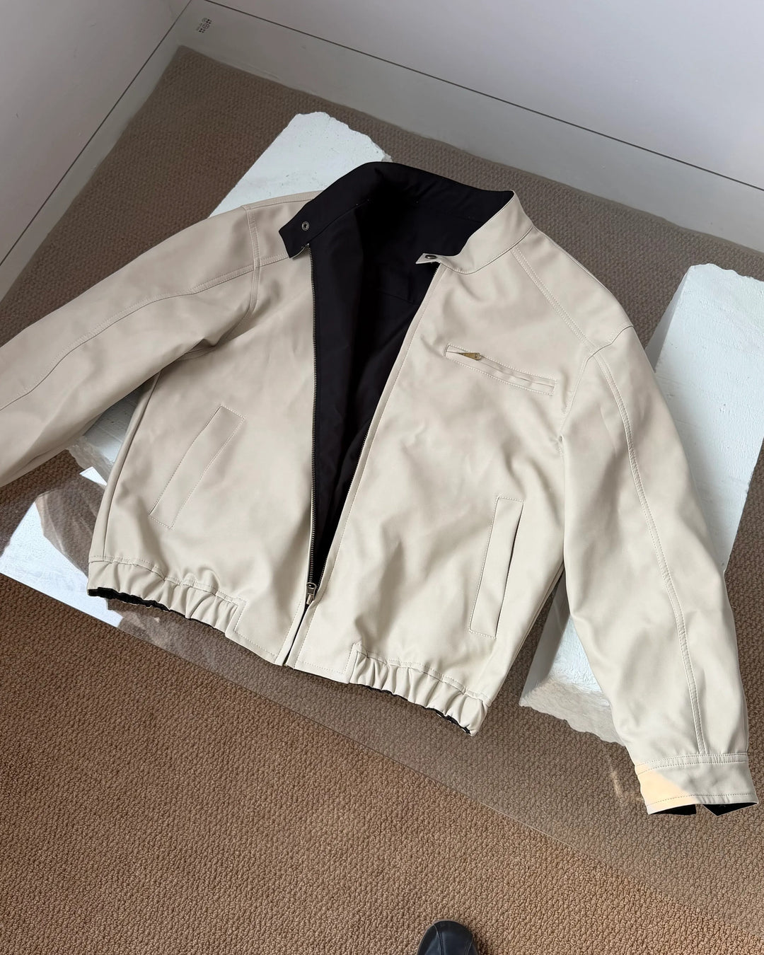 Side view of Minimalist Harrington Zip-Up Jacket
