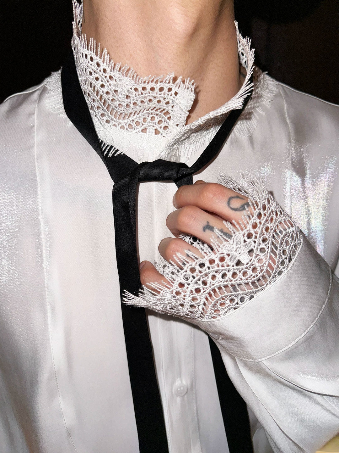 Close-up detail of Lace Trim Tie Long Sleeve Shirt