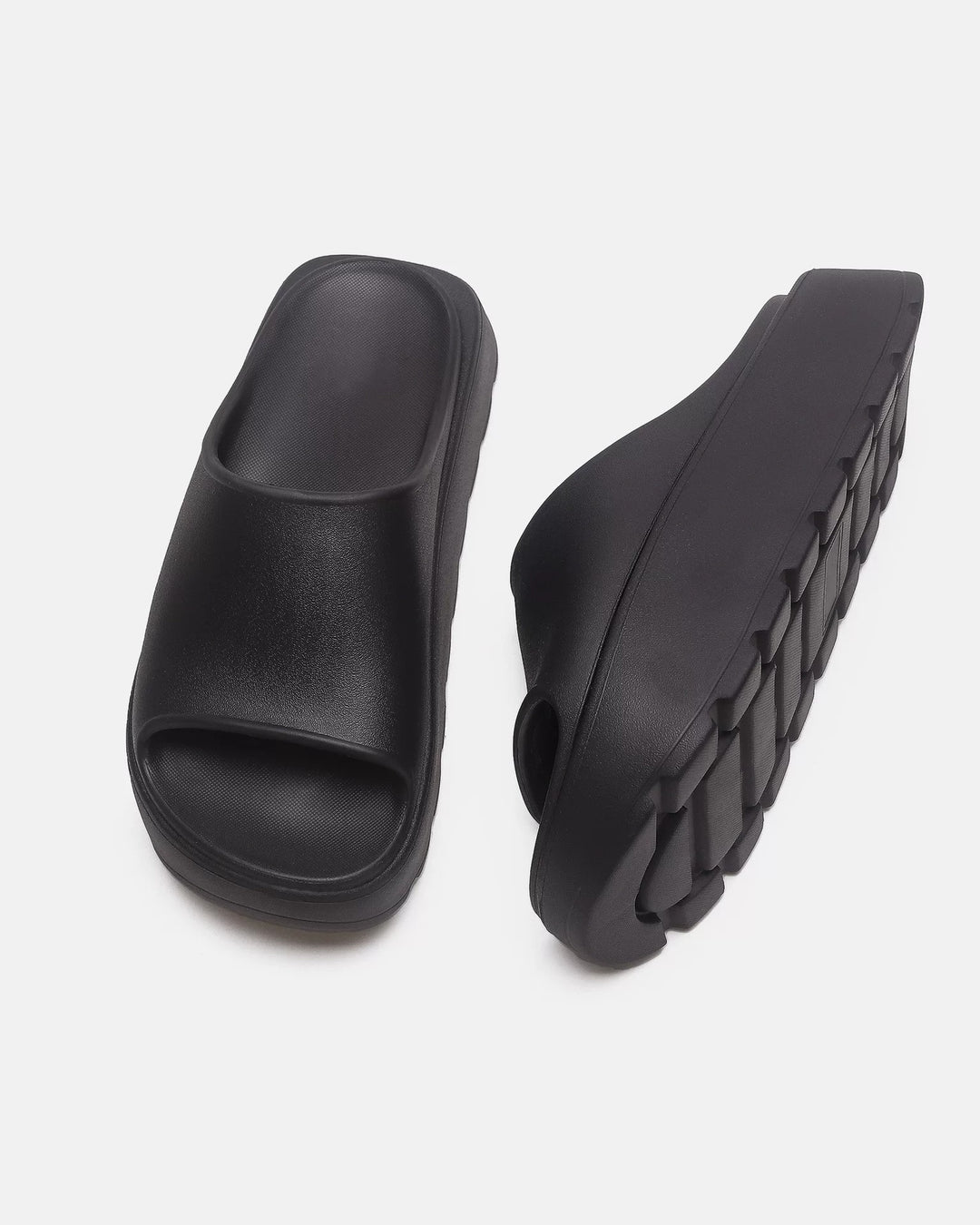 Front view of Black Chunky Platform Slide Shoes