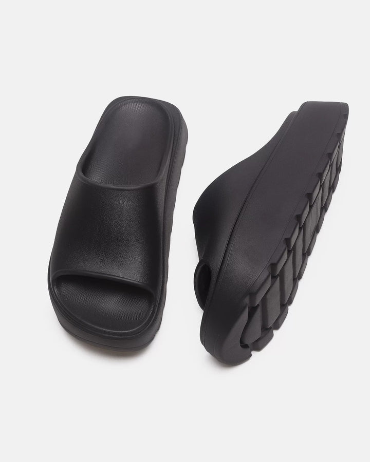 Front view of Black Chunky Platform Slide Shoes