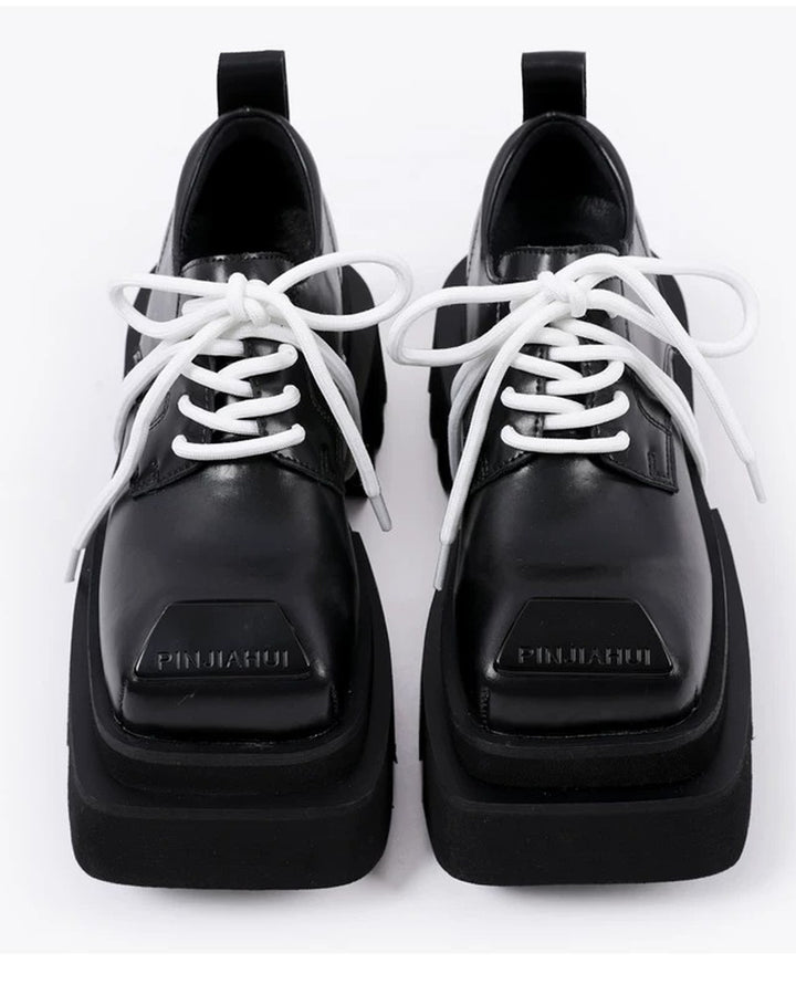 Back view of Black Leather Square-Toe Chunky Platform Shoes