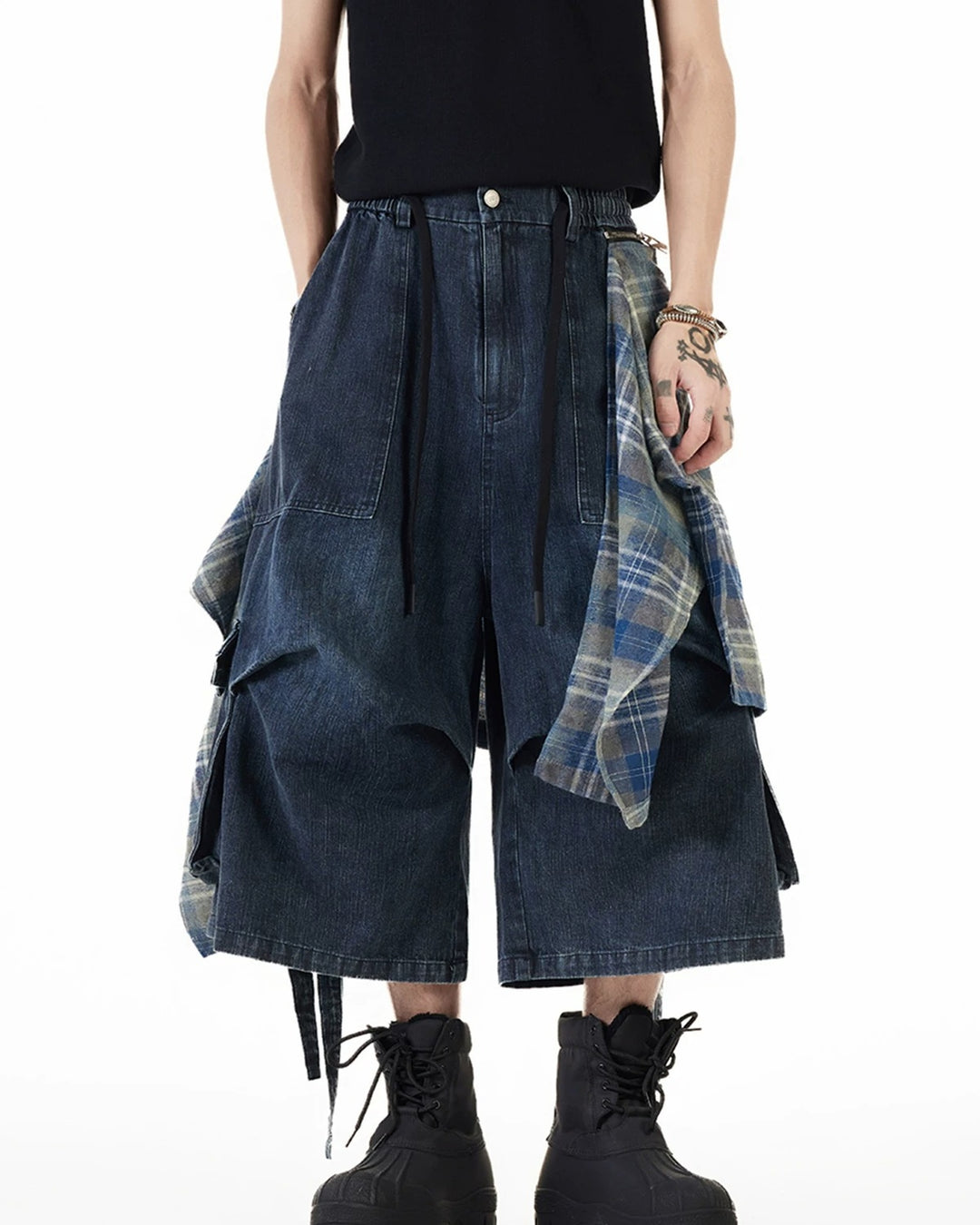 Close-up detail of Denim Plaid Patchwork Cargo Shorts