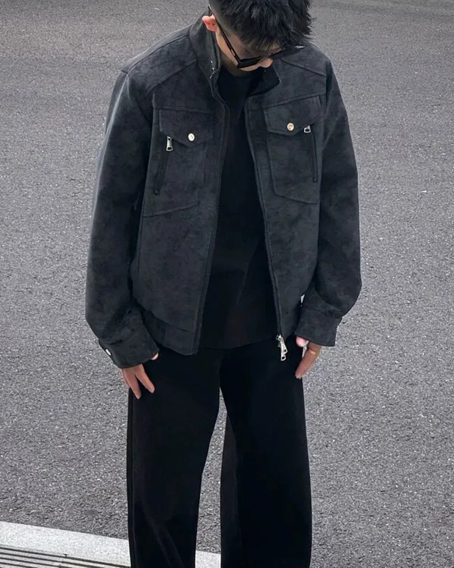 Additional product image of Washed Distressed Faux Leather Stand Collar Utility Jacket
