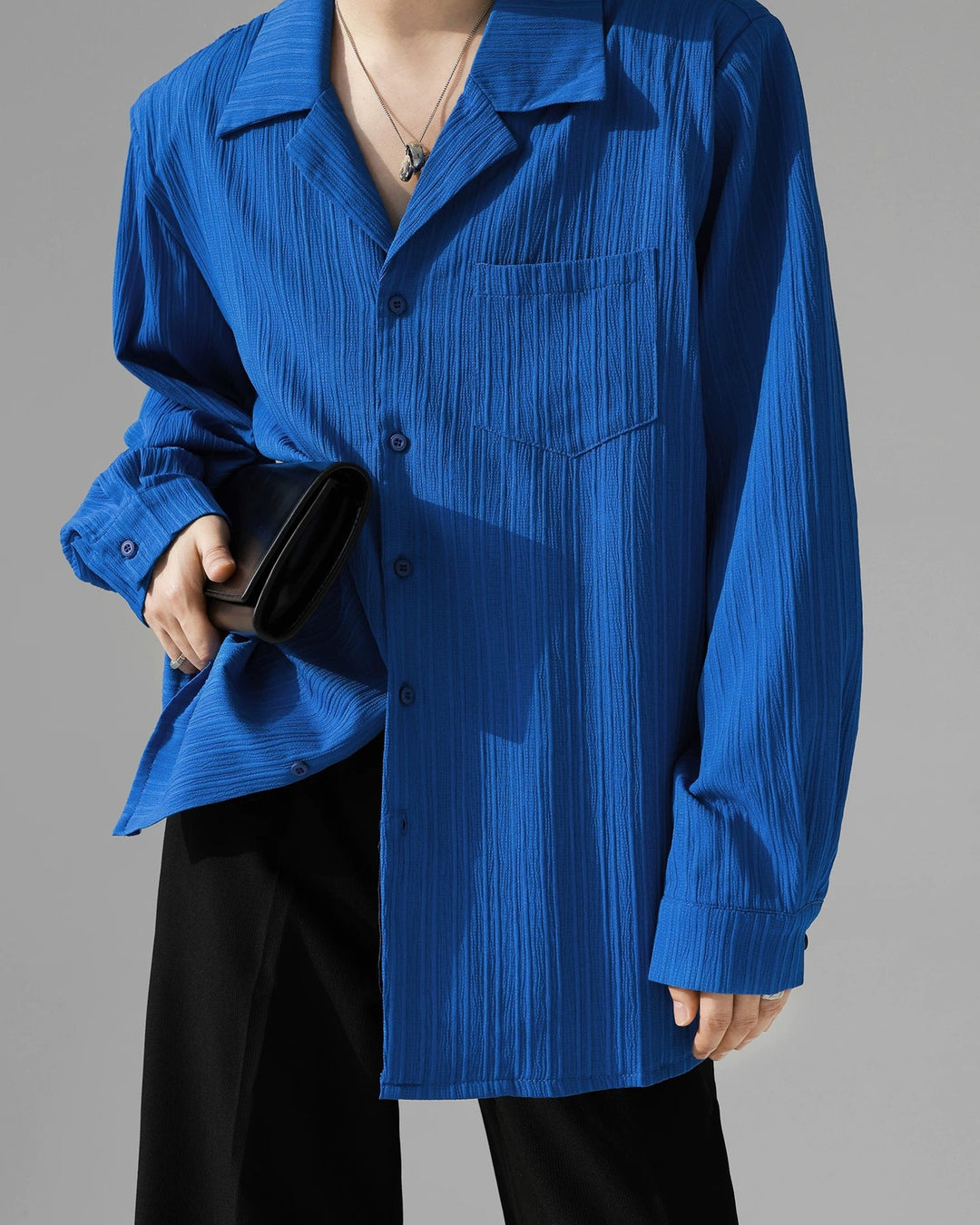 Front view of Crinkle Camp Collar Long Sleeve Shirt