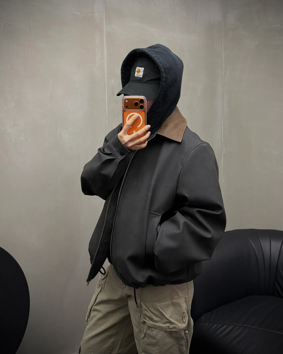 Back view of Contrast Collar Harrington Jacket
