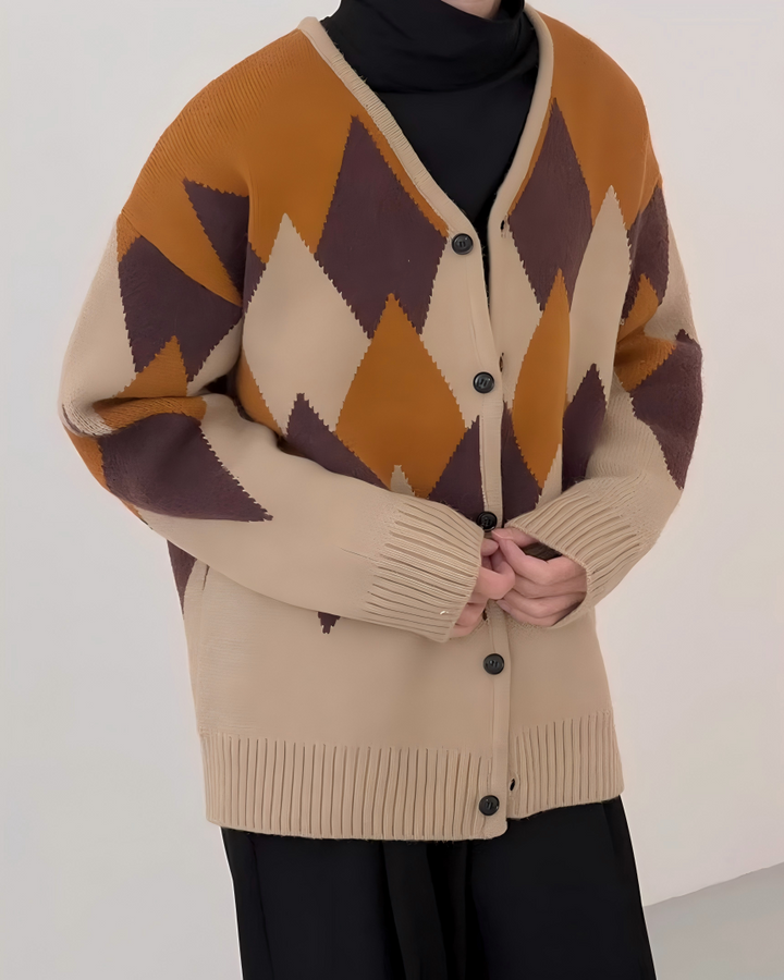 STEP BLOCK ST1000 Argyle Pattern Knit Cardigan
