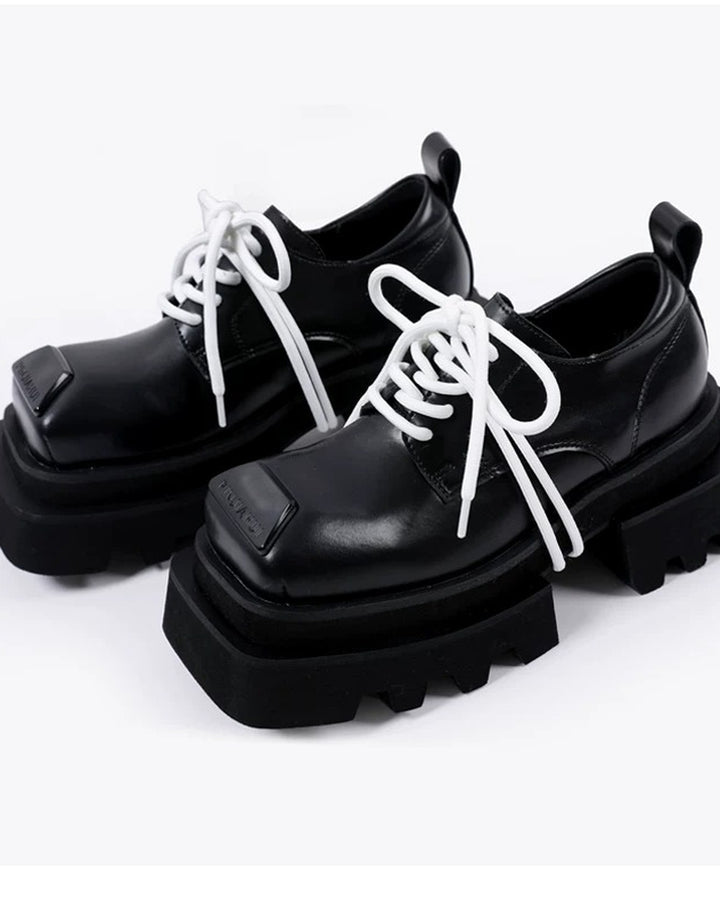 Additional product image of Black Leather Square-Toe Chunky Platform Shoes