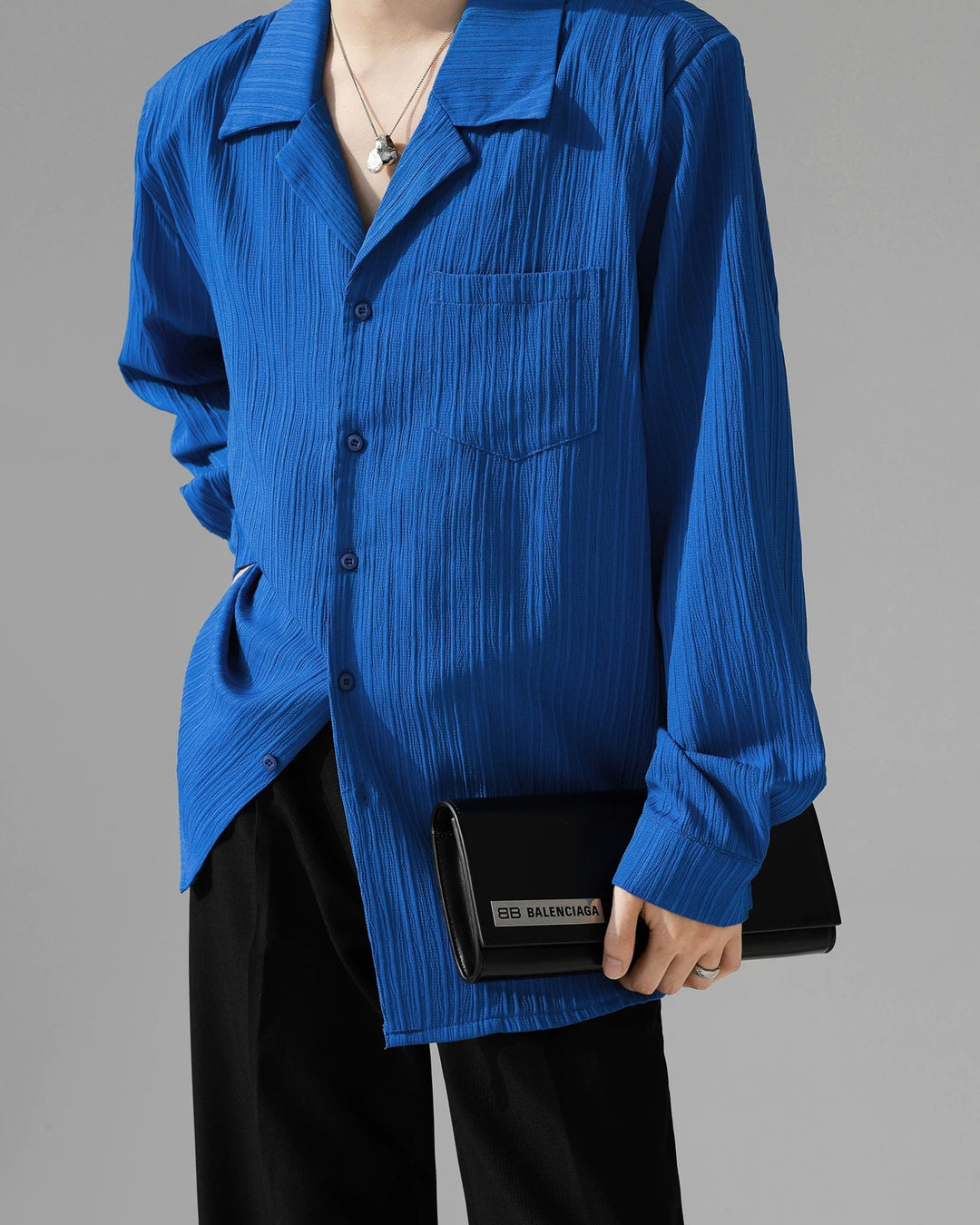 Close-up detail of Crinkle Camp Collar Long Sleeve Shirt