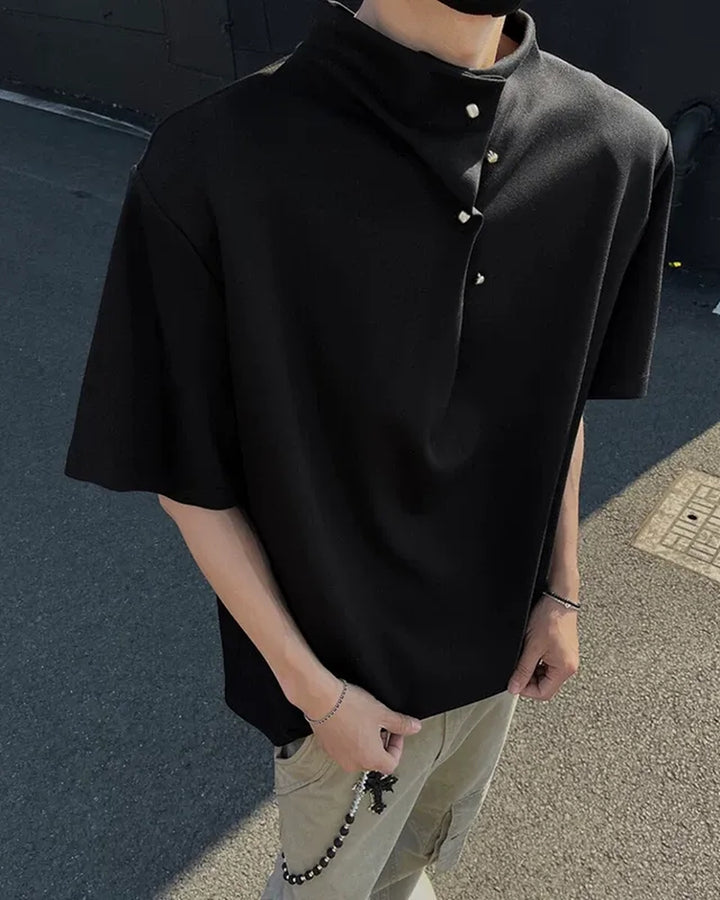 Side view of Asymmetric Button Collar Oversized T-Shirt