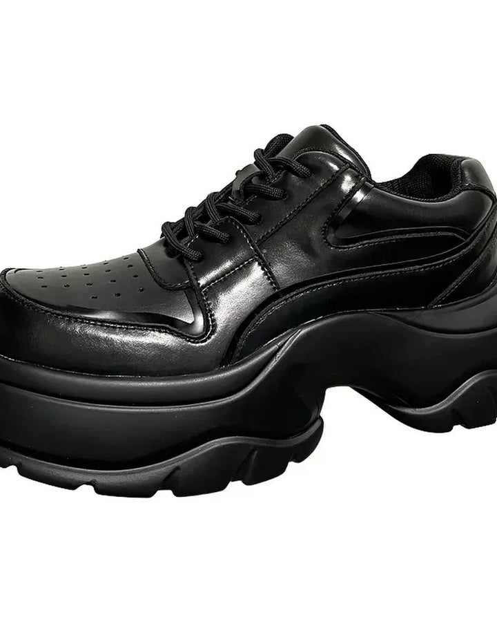 Front view of Black Leather Chunky Platform Shoes