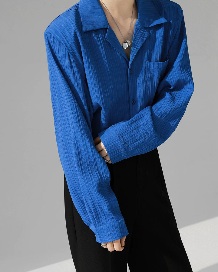 Side view of Crinkle Camp Collar Long Sleeve Shirt