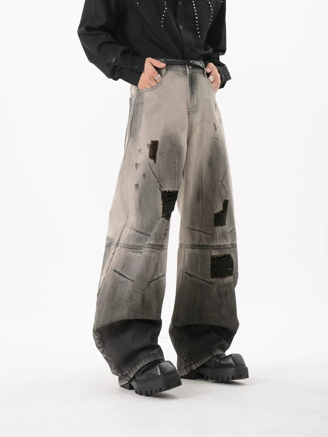 Lifestyle styling view of Black Patch Distressed Baggy Jeans