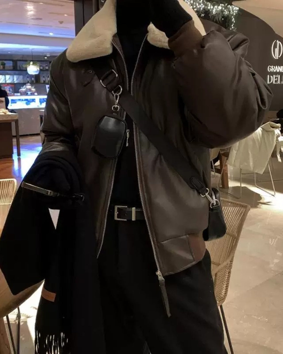 Additional product image of Shearling Collar Leather Bomber Jacket