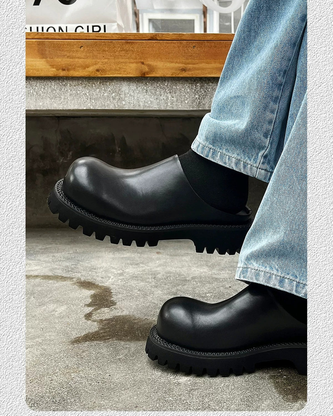 Back view of Black Leather Chunky Platform Slip-On Shoes