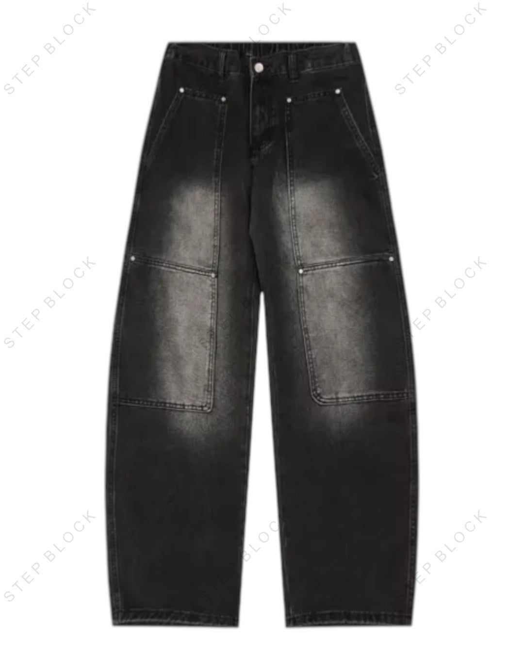 STEP BLOCK MT033 vintage washed black and blue baggy jeans with panel detailing