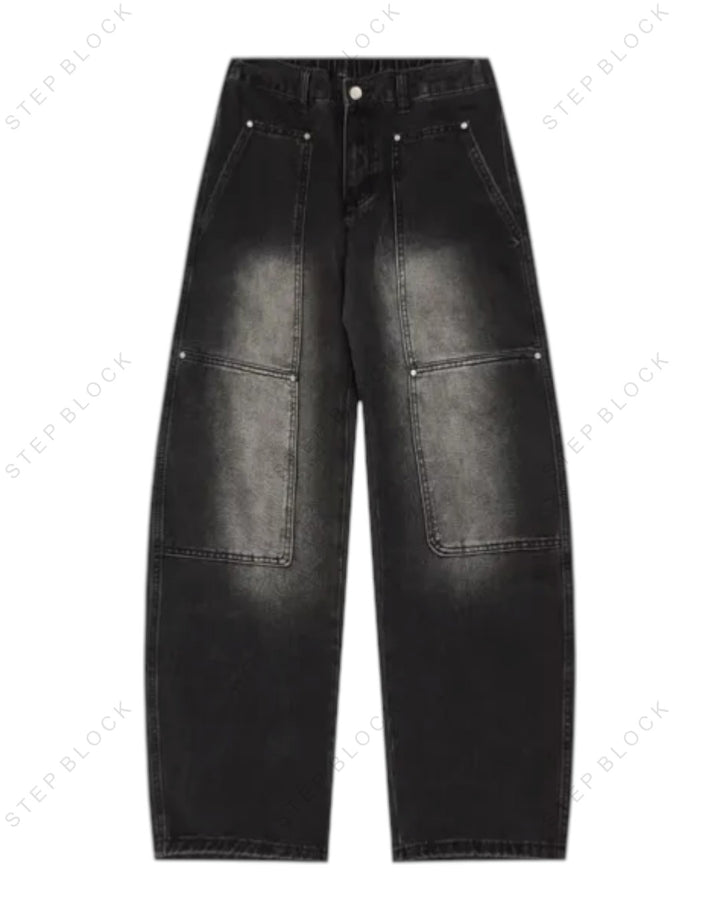 STEP BLOCK MT033 vintage washed black and blue baggy jeans with panel detailing