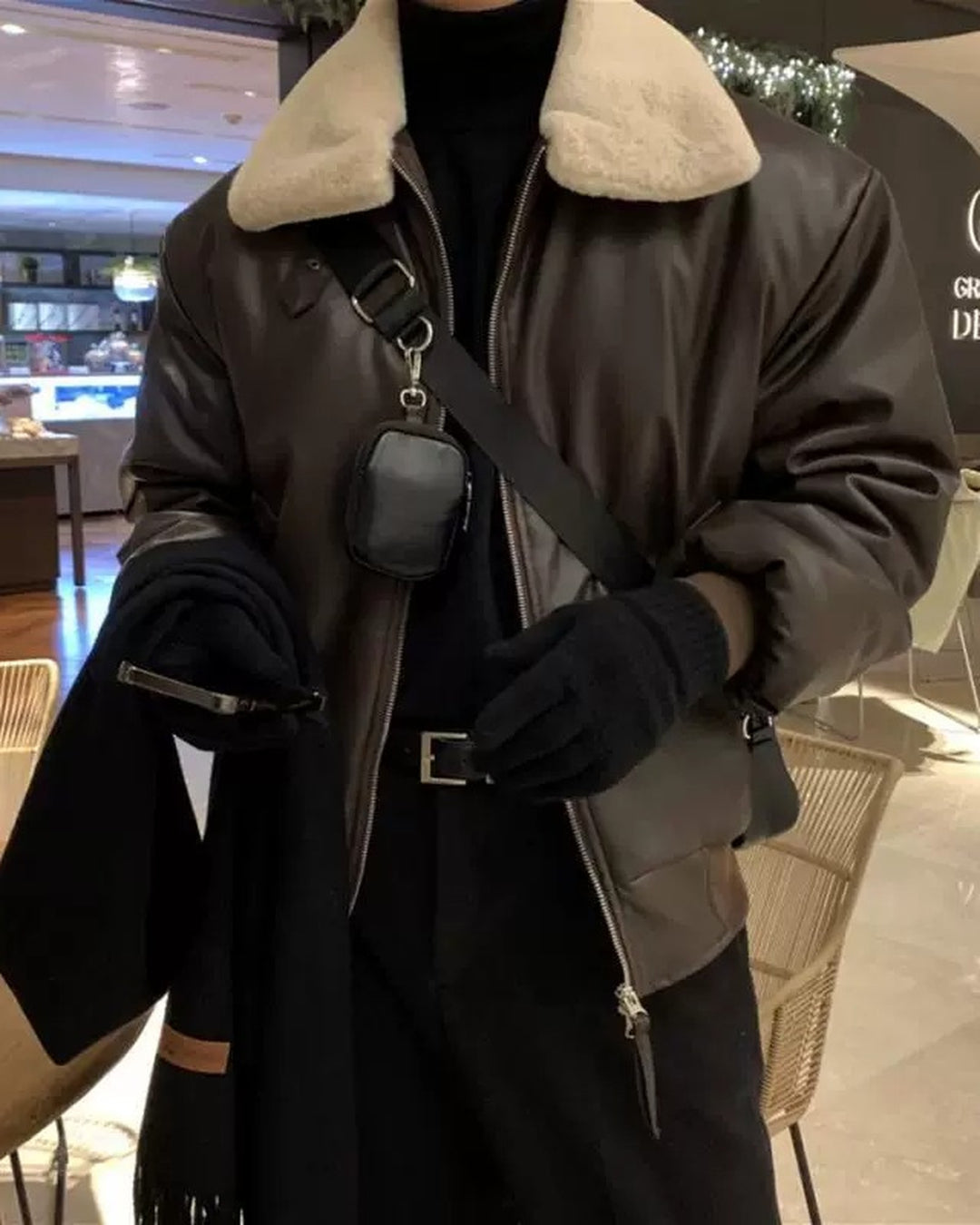 Additional product image of Shearling Collar Leather Bomber Jacket