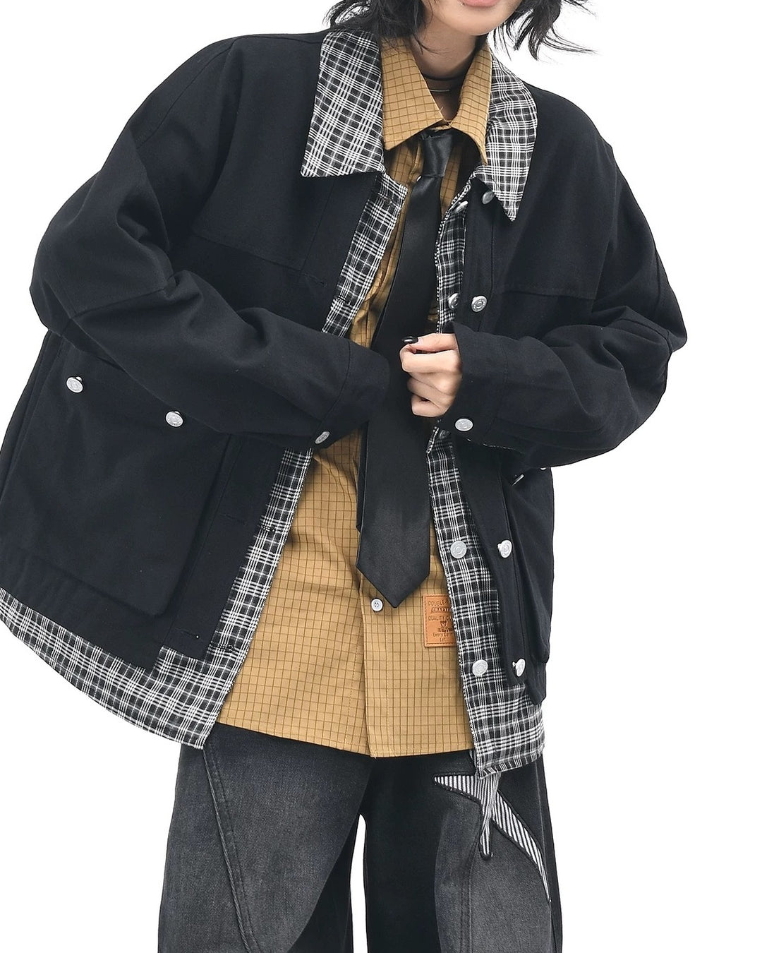Side view of Plaid Contrast Collar Utility Pocket Workwear Jacket