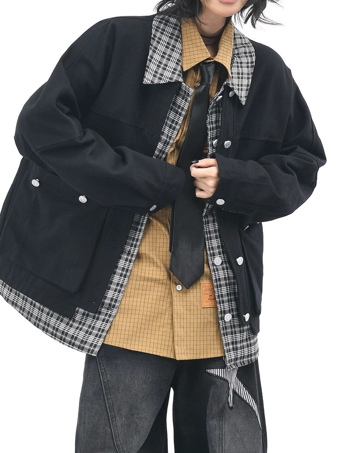 Side view of Plaid Contrast Collar Utility Pocket Workwear Jacket