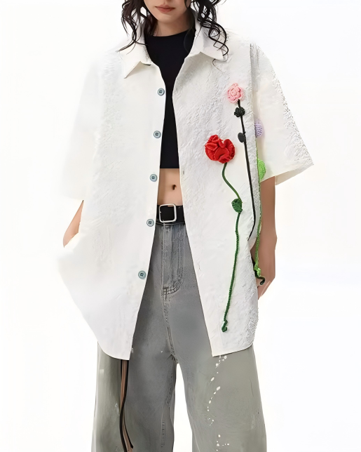 STEP BLOCK MT545 Floral Appliqué Short-Sleeve Shirt