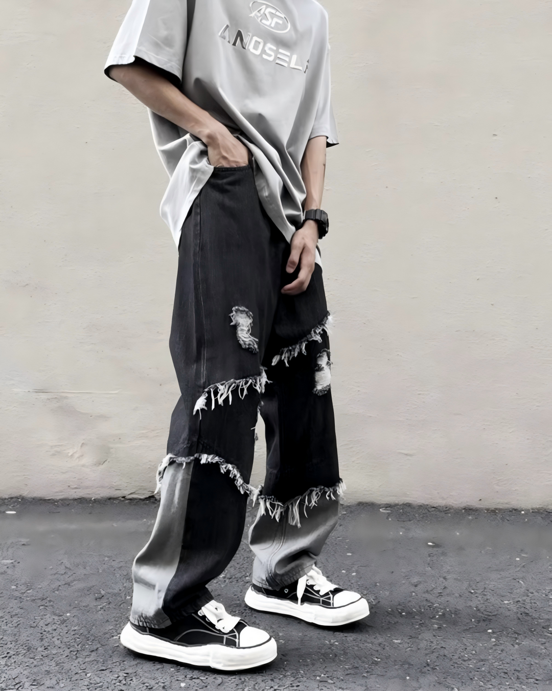 STEP BLOCK MT027 vintage washed distressed patchwork baggy jeans