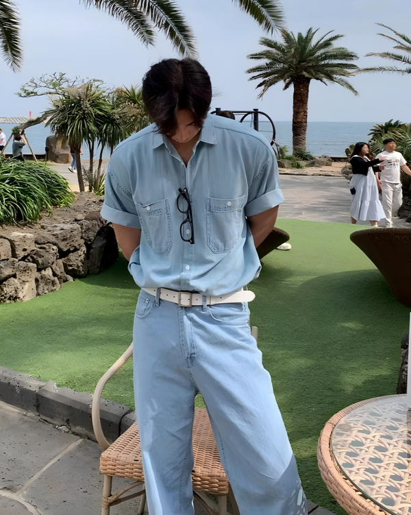 STEP BLOCK MT553 light blue short sleeve button-up denim shirt