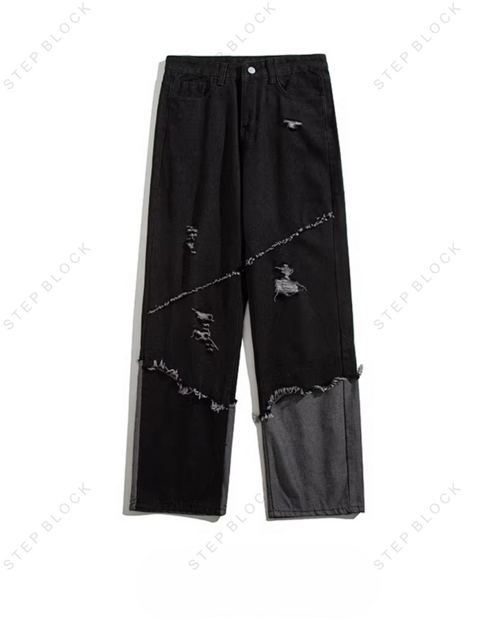 STEP BLOCK MT027 vintage washed distressed patchwork baggy jeans