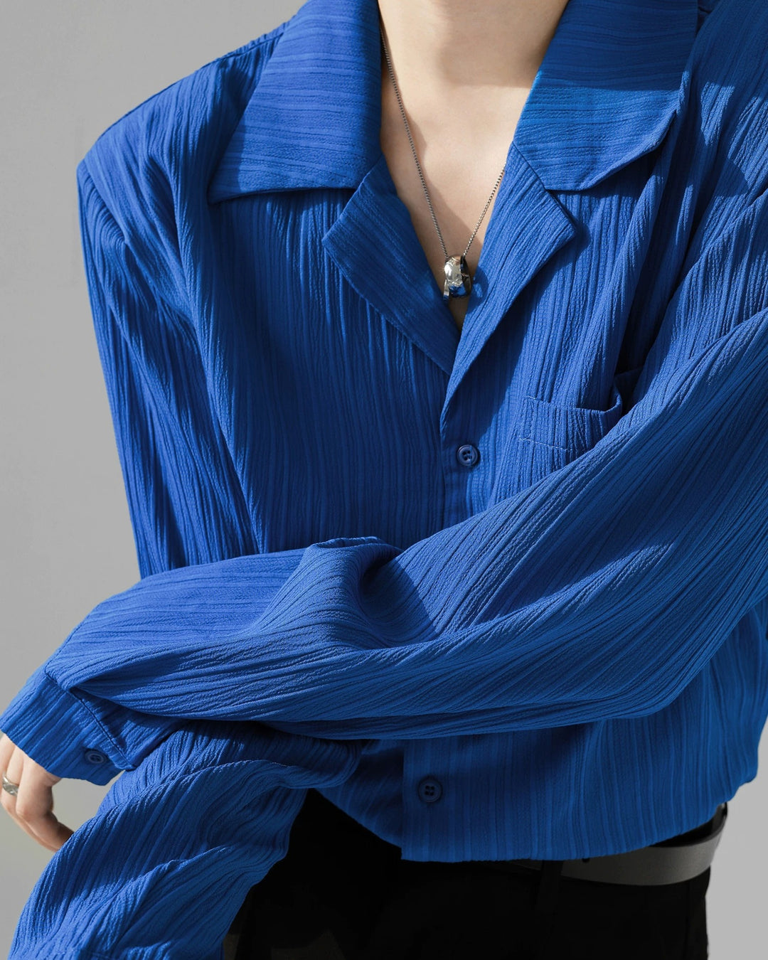 Lifestyle styling view of Crinkle Camp Collar Long Sleeve Shirt