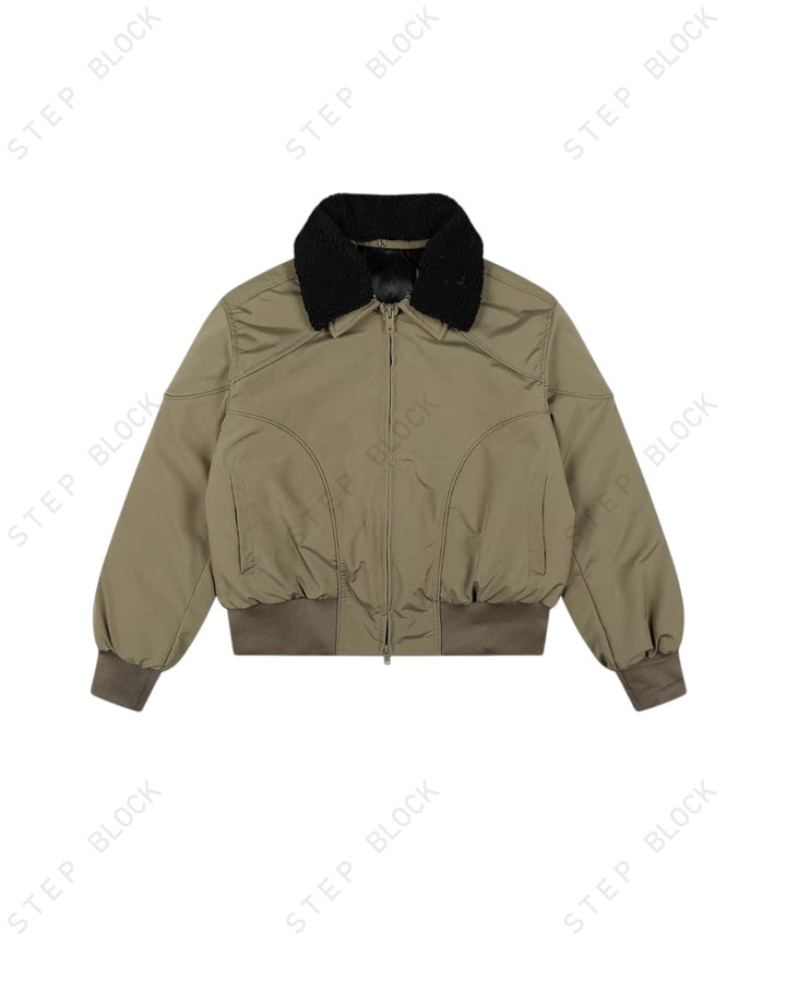 STEP BLOCK ST055 Shearling Collar Washed Utility Bomber Jacket