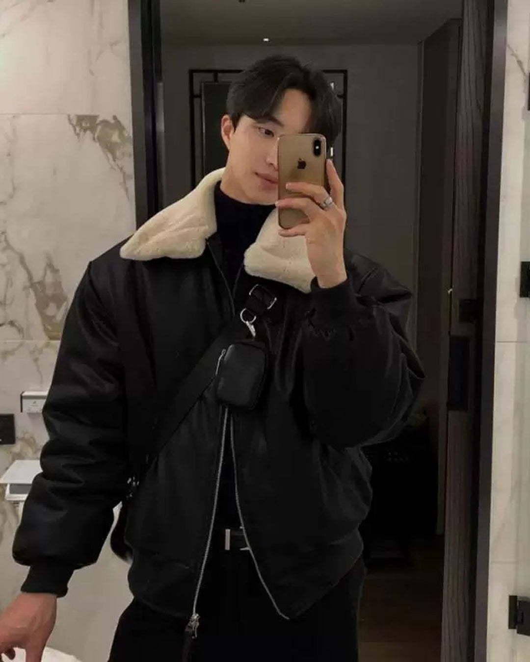 BRYNOR Shearling Collar Leather Bomber Jacket product photo