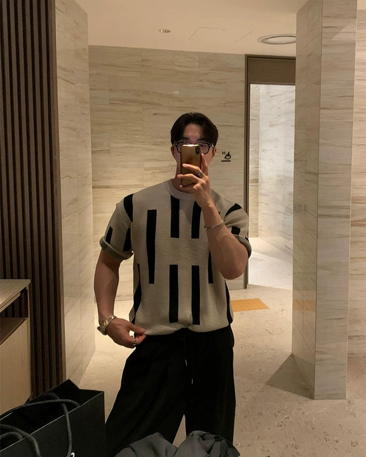 Side view of Beige and Black Striped Knit Oversized T-Shirt