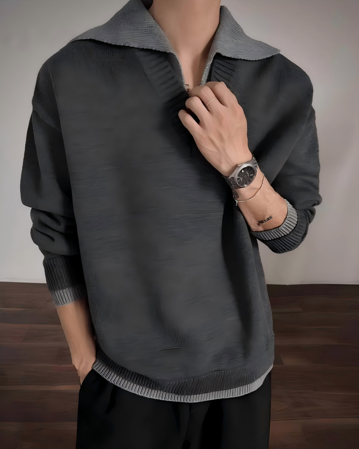 STEP BLOCK ST059 Denim Collar Faux Layered Oversized Knit Sweater
