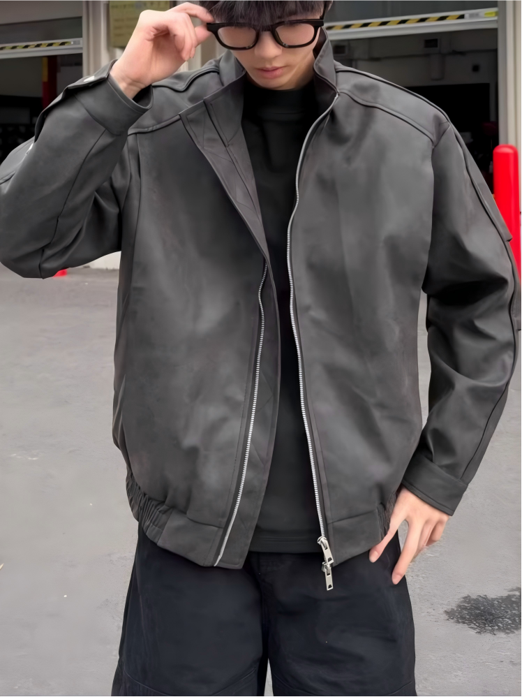 STEP BLOCK ST008 Washed Faux Leather Stand Collar Zip-Up Jacket