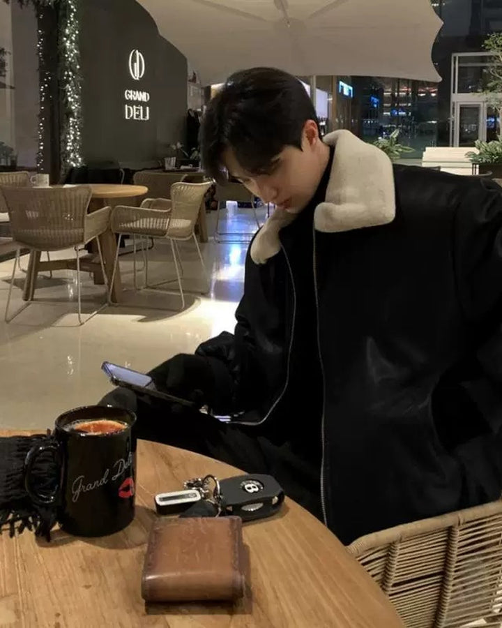 Additional product image of Shearling Collar Leather Bomber Jacket