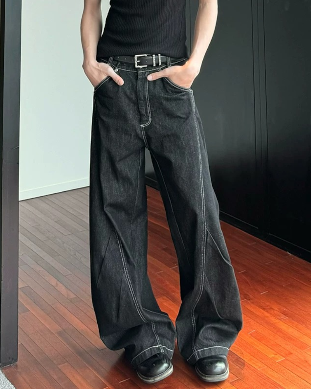 Back view of Minimalist Black Wide Leg Jeans